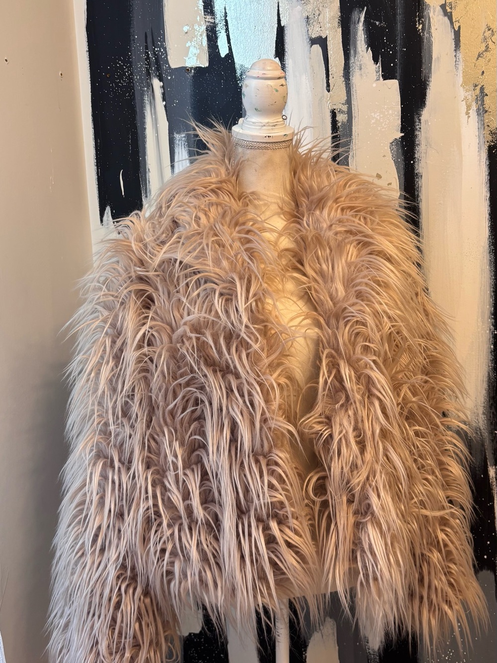 AKIRA Chic Faux Fur Shag Jacket in Beige — Women’s Cozy Statement Coat